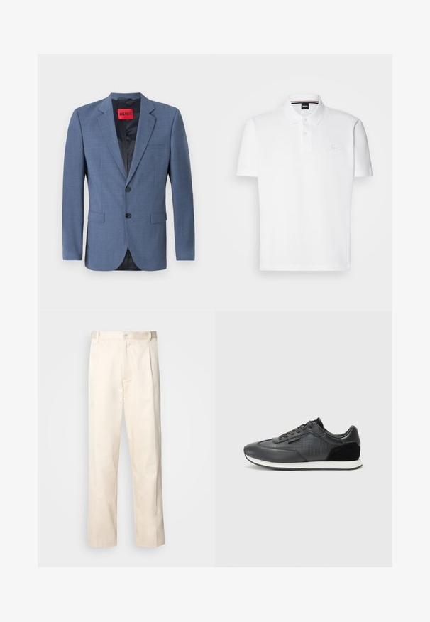 Gaiši zils piegriezts žakets ar divu pogu aizdari, iegrieztām atlokām un sānu kabatām. Iekšpuse ir melna un ir sarkans zīmola uzlīmes tag.; Balts polo krekls, kas izgatavots no kokvilnas un poliestera maisījuma, ar apkakli, divu pogu aizdari un diskretu izšūtu logo uz krūtīm.; Bežā krāsā auduma bikses ar taisnu kāju griezumu, pievienotām pogu aizdares un priekšējiem krokām papildu detaļām.; Melni sporta kurpju zābaki, kas izgatavoti ar ādas augšdaļu, ar perforētu dizainu, zamšādas akcentiem un baltu gumijas zoli. Klasiska auklu pievēršana.