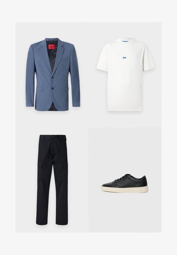 Blazer ajustado azul claro com fecho de dois botões, lapelas de corte reto e bolsos laterais. Apresenta um forro preto e uma etiqueta de marca vermelha.; T-shirt branca de manga curta com um pequeno logotipo retangular azul com a inscrição "HUGO" centrado no peito, fundo simples.; Calças cargo pretas feitas de tecido resistente, com corte de perna direita, dois bolsos laterais e fecho de botão na cintura.; Sapatilha preta de cano baixo em pele com atacadores pretos e sola off-white, apresentada em perfil lateral sobre fundo branco.