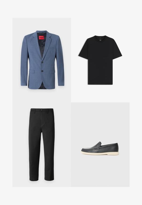 Ljusblå skräddarsydd blazer med två knappar, slagkragar och sidfickor. Har en svart foder och en röd varumärkesetikett.; Svart kortärmad T-shirt i en mjuk bomullsblandning, med rundad halsringning och en minimalistisk design utan mönster eller detaljer.; Svarta byxor med rak skärning, tillverkade av ett mjukt tyg. Har knappstängning och bälteslöljer. Inga synliga mönster eller detaljer.; Svarta läder slip-on loafers med en texturerad yta och en kontrasterande beige gummisula. Har en subtil accent längs fram.