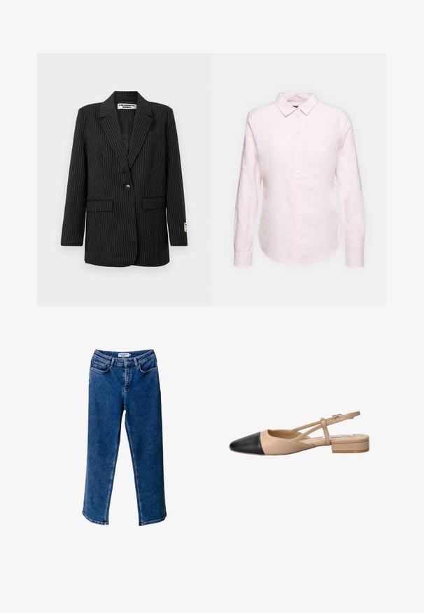 Must triibuline jakk sälklapiga, ühe nupuga kinnitusega, kahe esiosa taskuga ja mugava sisemise voodriga. Märkimisväärsed õmblusedetailid.; Kergelt roosa pika varrukaga särk, mis on varustatud nööpidega kaelaribaga, sirge hemiga ning pehme tekstuuriga, valmistatud kerge puuvillase kanga materjalist.; Sinine denimpaar laiade sääretega teksad kõrge vöökoht, millel on ees taskud, kontrastne õmblemine ja mugav lõige.; Beez ja must kahetooniline slingback king, millel on terav nina, lame konts ja ristuv rihma detail. Sile nahk tekstuur.