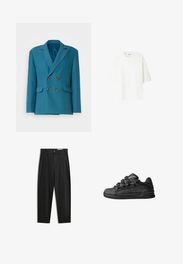 Turquoise double-breasted blazer gemaakt van gladde stof, met gouden knopen, kraag met inkeping en twee zijzakken.; Witte kortekost T-shirt van katoen, met een ronde halslijn en een relaxed fit met rechte zoom.; Zwarte katoenen broeken met een losse pasvorm, voorzien van een klassieke tailleband, voorplooien en zijzakken. Gladde structuur zonder patronen.; Zwarte sneakers met een glad leren bovenwerk, gearceerde accenten en ronde zwart-witte veters. Dikke rubberen zool met een geprofileerd loopvlak.