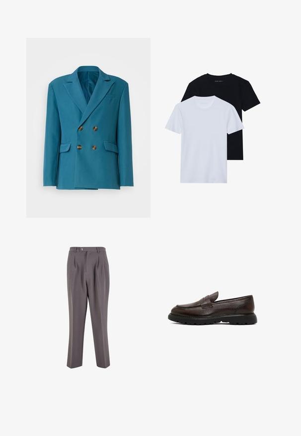 Blazer doppiopetto color verde petrolio realizzato in tessuto liscio, con bottoni dorati, rever con intagli e due tasche laterali.; Due magliette a maniche corte con collo rotondo, una nera e una bianca, realizzate in morbido cotone con una texture a coste. Design a vestibilità classica.; Pantaloni grigi plissettati realizzati in tessuto morbido, con una vestibilità dritta, chiusura a un bottone e tasche laterali inclinate.; Mocassino in pelle marrone con finitura testurizzata, punta arrotondata e suola in gomma con battistrada decorato. Design semplice senza hardware visibile.