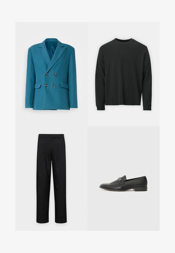 Teal dubbelzijdige blazer gemaakt van gladde stof. Bevat vier gouden knopen, twee voorzakken en een gesneden reversdesign.; Zwarte longsleeve T-shirt van katoen, met een ronde halslijn, een losse pasvorm en geribbelde boorden. Glad oppervlak zonder zichtbare patronen.; Zwarte broeken van gladde stof, met een recht model, twee voorknikken en een standaard tailleband met riemlussen.; Zwarte leren instapper met een gladde afwerking, voorzien van een gestikt ontwerp en een decoratieve metalen kettingaccent over de wreef. Platte hak.
