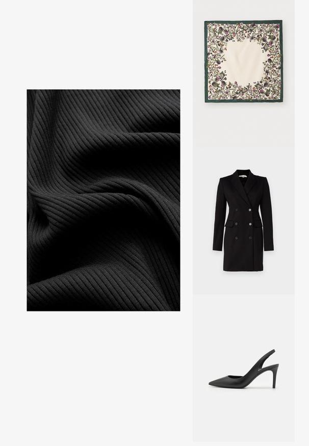 Diane von Furstenberg VIRGINIA JACKET - Blazer - black; Sort ribbet stof med en glat tekstur, der har vertikale riller og draperede folder, hvilket skaber et lagdelt udseende.; Sorte læder slingback høje hæle med spids tå-design, der har en udskæring fortil og en tynd stiletto-hæl.; Satin tørklæde med en cremeguldfarvet midte, omgivet af intrikate blomstermønstre i grøn, lilla og rød. Afsluttet med en mørkegrøn kant.