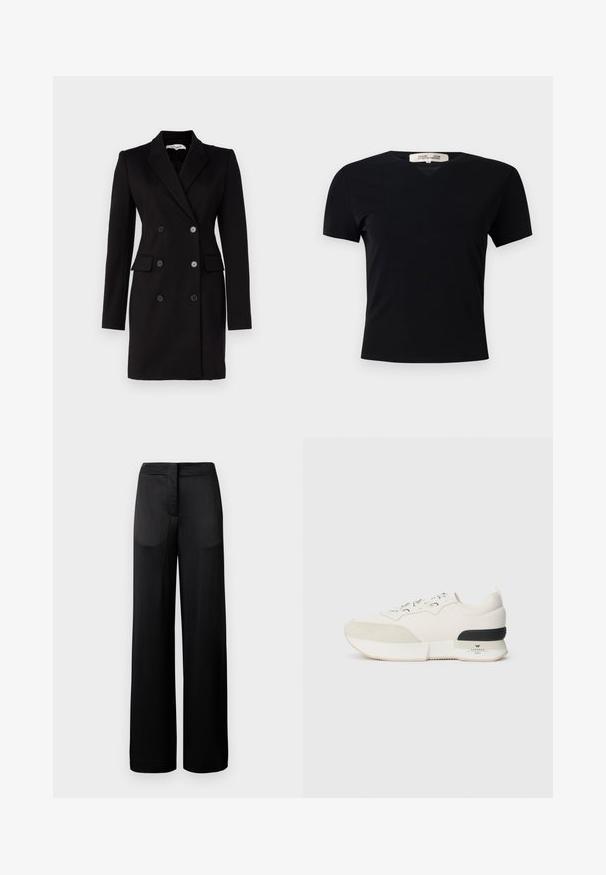 Diane von Furstenberg VIRGINIA JACKET - Sacou - black; Tricou negru, cu mânecă scurtă, de tip V, confecționat dintr-un material neted și elastic. Prezintă o siluetă simplă, clasică, fără embellishments.; Pantaloni negri cu croială largă, cu o suprafață texturată, având un tiv plat și două buzunare laterale. Țesătura pare ușoară și fluidă.; Adidași albi cu vârf din suede texturat, parte superioară din plasă netedă, șireturi decorative și un accent din cauciuc negru la toc.