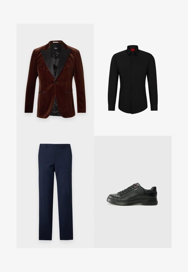 Tumepruun sametist meeste bleiser mustade satiinist tippritsidega, ühe nupuga sulgemine ja avatud taskud, sildiga BOSS krae sees.; Must tumeed särg musta pikkade varrukatega, nööpidega ees, klassikalise kraega ja ümara hemiga; sisaldab musti nuppe ja punast logo krae sees.; Navy sinine püksid reguleeritud lõikega, millel on sile tekstuur, teravad voldid ja sirge esikülje disain. Peidetud luku tõmblukk.; Must musta tennis, mille tekstuuriga pealis, pehmendatud krae ja punane logo detail. Omab paksu kummist tallat, millel on selge tallamuster.