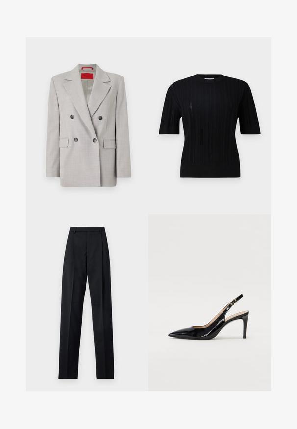 Světle šedý dvouřadý blazer vyrobený z texturované tkaniny, s klopovým límcem, dvěma předními kapsami a černými knoflíky.; Filippa K BRAID - Svetr - black; Černé kalhoty vyrobené z hladké tkaniny, vybavené vysokým pasem, širokými nohavicemi, předními záhyby a klasickými poutky na opasek. Nejsou viditelné boční kapsy.; Černé lakované slingback lodičky s špičatou špičkou, úzkým podpatkem a jemným výřezem. Obsahují zlatou sponu na řemínku.