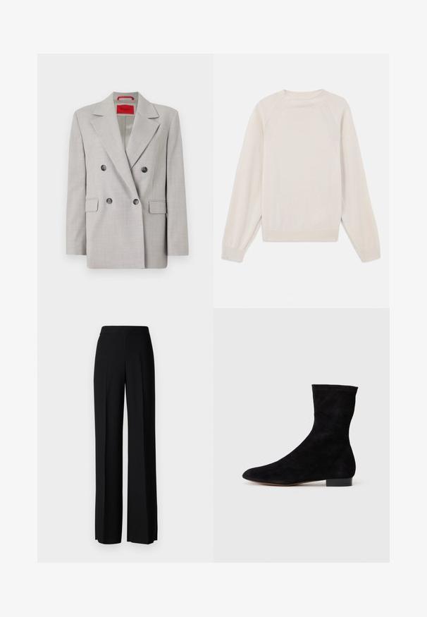 Gai pelēks dubultā aizdare žakete, izgatavota no teksturēta auduma, ar ieliektiem uzliekamajiem kreklu, divām priekšējām kabatām un melnu pogām.; Gaiši krēms svīteri, kas izgatavots no mīksta, adīta auduma. Iespējas: apaļš kakls, garas piedurknes un ribotas aproces un apakšmalas ar raglanu piedurkņu dizainu.; Melni platleği bikses ar gludu tekstūru, ar augstu jostasvietu un centrālajām krokām. Nav redzamu rakstu vai aparatūras detaļu.; Melnas zamšādas potīšu zābaki ar piegulošu kāju daļu, smailu purngalu un zemu bloku papēdi. Gluda tekstūra un minimālistisks dizains, piemērots dažādai stilizācijai.