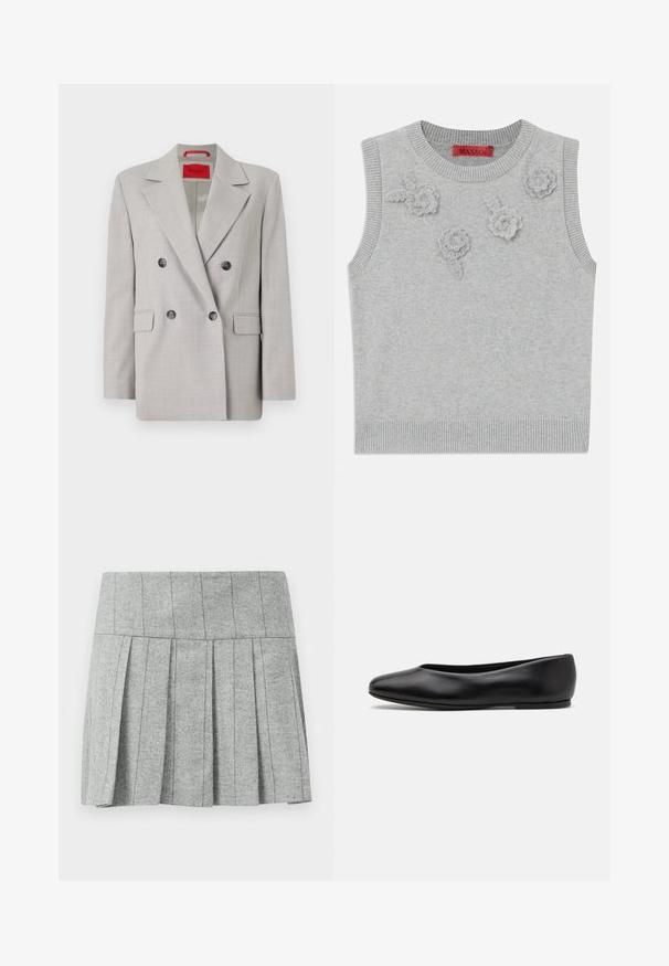 Jasnoszary dwurzędowy żakiet wykonany z teksturowanej tkaniny, z klapami, dwoma przednimi kieszeniami i czarnymi guzikami.; Jasnoszary bezrękawnik z ribbowym dekoltem i dołem. Posiada trzy teksturowane aplikacje kwiatowe z przodu. Metka marki: MAX&Co.; Szara plisowana spódnica z tkaniny w wzór rybiej ości; posiada ustrukturyzowany pas i prosty krój na dole.; Paul Smith TOPANGA czarny