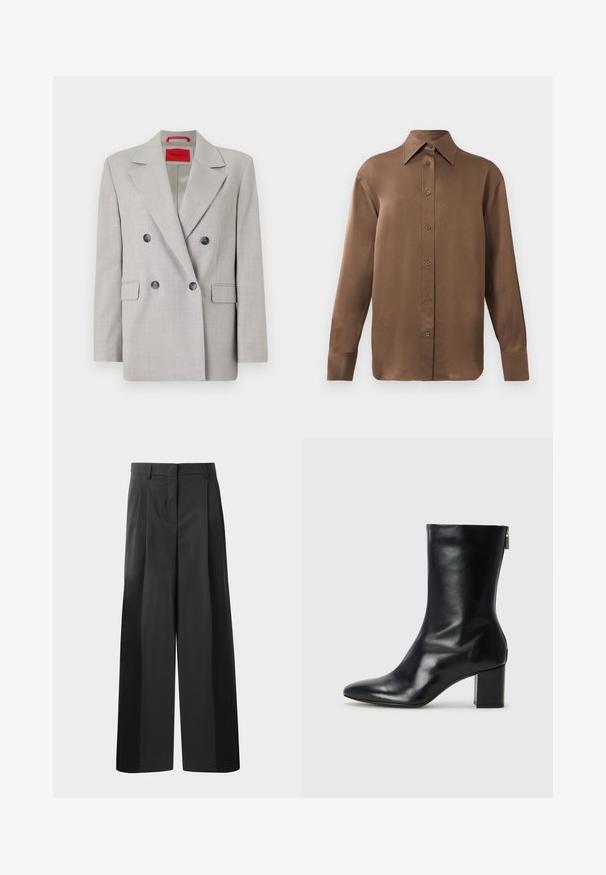 Gai pelēks dubultā aizdare žakete, izgatavota no teksturēta auduma, ar ieliektiem uzliekamajiem kreklu, divām priekšējām kabatām un melnu pogām.; Brūns garās piedurknes pogājamais krekls ar norādītu apkakli un aprocēm, izlikts pret vienkāršu baltu fonu.; Melni platajā kājās bikses ar augsto jostasvietu, kas ar priekšējiem krokām, gludu tekstūru un pielāgotu apdari. Veidotas relaksētai piegrieztei.; Melna ādas potītes zābaks ar norādītu purngalu un 4 cm bloku papēdi. Gluds dizains ar sānu rāvējslēdzēju vieglai uzvilkšanai. Gluda tekstūra.