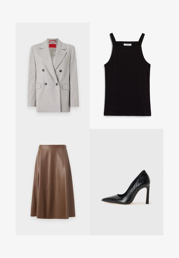 Light gray double-breasted blazer made of a textured fabric, featuring a notched collar, two front pockets, and black buttons.; Black tank top with thin spaghetti straps, made of a ribbed fabric, featuring a straight cut and a label at the neckline reading "IVY OAK."; Brown leather A-line skirt with a smooth texture and a mid-length hem. Features a fitted waistband and a slight flare from the hips.; Black pointed-toe high heel shoe with a crocodile-skin texture, featuring a sleek design, high stiletto heel, and smooth black interior.