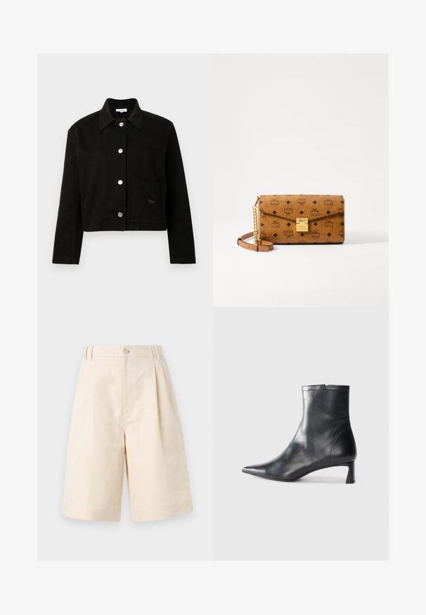 Giacca nera corta con colletto, maniche lunghe, bottoni a pressione argentati lungo la parte anteriore e una tasca quadrata sul lato destro inferiore.; Camicia nera a maniche lunghe con colletto, caratterizzata da una texture stropicciata, chiusura frontale con bottoni e polsini. Realizzata in un tessuto morbido.; Pantaloni shorts in lino beige con una vestibilità rilassata, dotati di chiusura con bottone, design plissettato e taglio lungo fino al ginocchio. Tessuto morbido e stile semplice.; Stivaletto in pelle nera con punta affusolata e design elegante. Presenta un tacco basso e una chiusura con zip sul retro. Texture liscia.; Borsa a tracolla in pelle marrone con motivo a logo in rilievo, hardware dorato, patta pieghevole e una tracolla rimovibile in catena e pelle. Dimensioni non specificate.