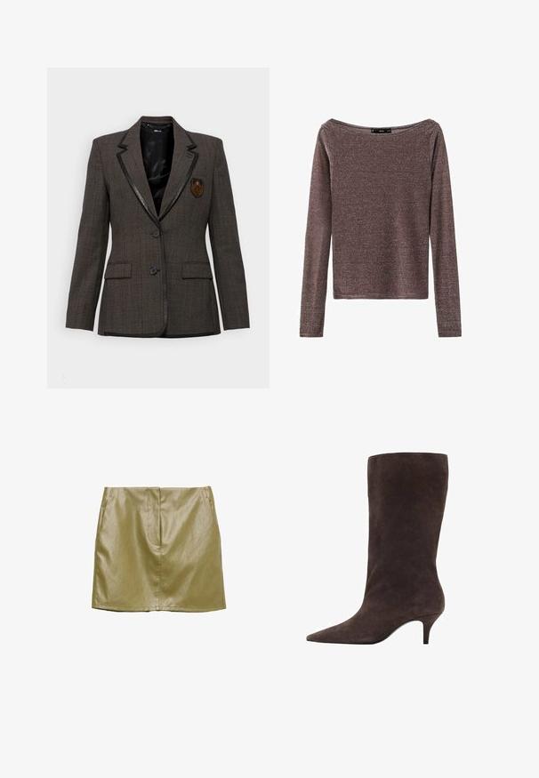 The Kooples VESTE - Blazer - brown; Bruine lange mouwtop met een ingezakte halslijn, gemaakt van een glanzende, gestructureerde stof. Eenvoudig ontwerp zonder patronen of versieringen.; Olijfgroene faux leren minirok met zijzakken, een gladde textuur en een eenvoudig, recht gesneden ontwerp. Heeft een verborgen voornaad.; Bruine suède kniehoogte laars met een spitse neus en een mid-hoge hak, met een gladde textuur en een slank ontwerp.