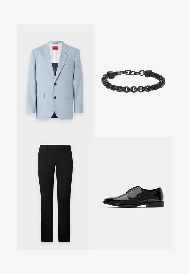 Blazer bleu clair, à un bouton, deux boutons, revers crantés, poches avant, intérieur avec doublure noire, texture de tissu lisse.; Pull à col roulé noir en tissu tricoté doux. Présente des manches longues et une coupe cintrée avec un col et un ourlet côtelés. Branding minimal.; Pantalon noir avec une coupe ajustée, présentant une texture lisse et un design à jambe droite. La taille est dotée de passants de ceinture et d'une finition soignée.; Chaussure de dress en cuir verni noir avec un bout arrondi, un design à lacets et une surface lisse et brillante. Dispose d'une semelle en caoutchouc discrète.; Bracelet en chaîne noire en métal avec des maillons entrelacés, des accents carrés et une texture lisse. Design ajustable pour un meilleur ajustement.