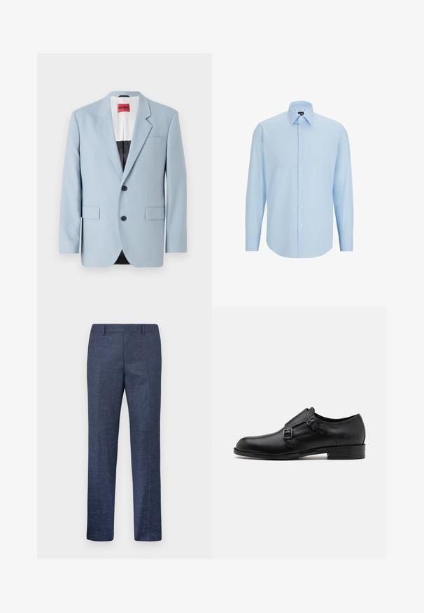 Svijetloplavi blejzer, jednostruko kopčanje, dva gumba, reveri s notches, prednje džepove, unutrašnjost s crnim podstavom, glatka tekstura tkanine.; Svijetloplava košulja dugih rukava izrađena od glatkog materijala, s gumbima sprijeda, oštrim ovratnikom i redovitim krojem.; Mornarskoplave hlače izrađene od teksturirane tkanine, s ravnim nogavicama, ravnim prednjim dijelom i dva bočna džepa. Bez vidljivih uzoraka ili akcenata.; Crne kožne cipele s dvostrukim kopčama, elegantne siluete i okruglim prstima. Imaju nisku petu i glatku teksturu.