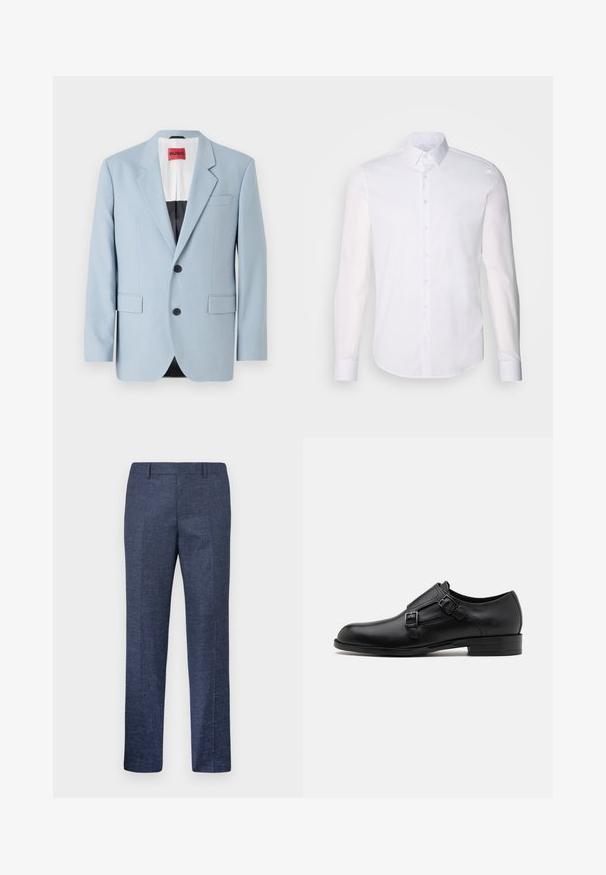 Világoskék blézer, egysoros, két gombos, csucsos hajtókával, elülső zsebekkel, fekete béléssel az belsejében, sima szövettextúrával.; Fehér, hosszú ujjú, gombos ing, pamutból készült, klasszikus gallérral, elöl gombokkal és minimalista varrási részletekkel.; Tengerészeti kék nadrág, texturált anyagból készült, egyenes szárakkal, lapos elülső résszel és két oldalzsebbel. Nincsenek látható minták vagy díszítések.; Fekete bőrcipő, dupla csattal, letisztult sziluettel és kerek orral. Alacsony sarka és sima felülete van.