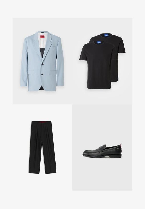 Lys blå blazer, enkeltrækket, to knapper, klippede kraver, forlommer, indvendig med sort foring, glat stofstruktur.; To sorte bomulds T-shirts med rund halsudskæring, korte ærmer og blå "HUGO" mærker på kraverne og siden.; Sorte brede bukser med flad front, to sidelommer, plisseret design og en kontrastfarvet rød inderside på linningen.; Sorte læder loafers med en tekstureret frontpanel og glatte sider. Har en slank hæl og en bageste løkke til nem påtagning. Klassisk design.