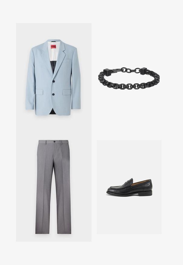 Sacou albastru deschis, cu un singur rând de nasturi, două butoane, rever cu colțuri, buzunare frontale, interior cu căptușeală neagră, textură de țesătură netedă.; Tricou alb cu mânecă scurtă, croială lejeră, decolteu rotund, material din bumbac neted, spate simplu, margine dreaptă, fără modele sau accente.; Pantaloni gri, croiți cu un front neted, două buzunare laterale și un închidere cu un singur buton. Textură fină cu un model subtil de dungi.; Mocasini din piele neagră cu o finisare netedă, vârf rotund și cusături decorative pe partea superioară. Toc mic și stivuit, cu o ușoară strălucire.; Brățară din metal negru cu linkuri interconectate, accente pătrate și textură netedă. Design ajustabil pentru o potrivire confortabilă.