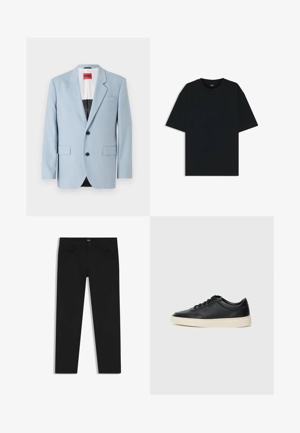 Hellblaues Sakko, einreihig, mit zwei Knöpfen, Reverskragen, Vordertaschen, Innenfutter mit schwarzer Biesen, glatte Stofftextur.; Schwarzes Baumwoll-T-Shirt mit rundem Halsausschnitt und kurzen Ärmeln. Verfügt über einen lockeren Schnitt und ein schlichtes Design ohne Muster oder Akzente.; Schwarze Denim-Hosen mit geradem Schnitt, ausgestattet mit einem Standardbund, fünf Taschen und einem Knopfverschluss. Angenehme, glatte Textur.; Schwarzer niedriger Ledersneaker mit schwarzen Schnürsenkeln und cremefarbenem Sohlenrand, seitlich auf weißem Hintergrund dargestellt.