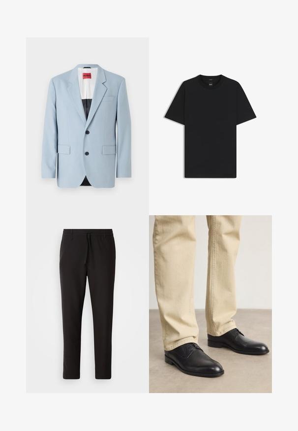Vaaleansiniset blazerit, yksiriviset, kaksi nappia, neliskulmaiset käänteet, etutaskut, mustalla vuorilla varustettu sisustus, sileä kangas.; Musta lyhythiha T-paita, joka on valmistettu sileästä puuvillasekoitteesta. Paita on varustettu pyöreällä pääntiehen ja siinä on minimaalinen muotoilu ilman kuvioita tai yksityiskohtia.; Juoksuhousut mustasta sileästä kankaasta. Varustettu elastisella vyötärönauhalla ja nyörillä, supistuvat lahkeet ja ei näkyviä taskuja. Yksinkertainen muotoilu.; Musta nahkakengät nauhalla, pyöreällä kärjellä, sileällä pinnalla ja hienovaraisilla ompelutiedoilla, käytettynä vaaleanbeigejen housujen kanssa.
