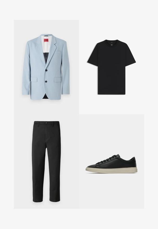 Lichtblauw blazer, enkelvoudig, met twee knopen, revers, voorzakken, interieur met zwarte voering, gladde stoftextuur.; Zwarte korte mouwen T-shirt van een gladde katoenmix, met een ronde halslijn en een minimalistisch ontwerp zonder patronen of accenten.; Zwarte broek met een rechte snit, gemaakt van gladde stof. Voorzien van een knoopsluiting en riemlussen. Geen zichtbare patronen of accenten.; Zwarte leren sneaker met een gestructureerde afwerking, voorzien van een beige rubberen zool en zwarte veters, ontworpen met een laag profiel en een minimalistisch ontwerp.