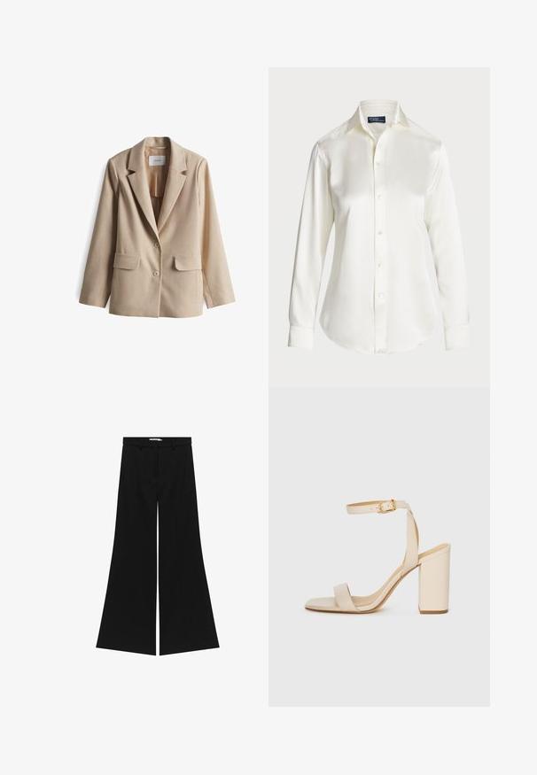 Beige blazer with a structured collar, two front pockets, and two buttons. Smooth texture and tailored design for a fitted appearance.; White long-sleeve button-up shirt, made of smooth fabric, featuring a classic collar and subtle shine, with a rounded hem and button details.; Black wide-leg trousers with a tailored waistband, front slant pockets, and a smooth texture. Features a clean, minimalist design.; Beige high-heeled sandal with a square toe, thin ankle strap, and block heel. Smooth leather texture with a gold buckle detail.