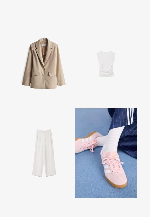 Beiger Blazer mit strukturiertem Kragen, zwei Fronttaschen und zwei Knöpfen. Glatte Textur und maßgeschneiderter Schnitt für eine figurschmeichelnde Optik.; Weißes Kurzarmoberteil mit Rundhalsausschnitt. Verfügt über geraffte Textur an den Seiten und eine figurbetonte Silhouette, gefertigt aus weichem, dehnbarem Material.; Weiße weit geschnittene Hose aus leichtem Stoff. Mit einem elastischen Bund und Kordelzug sowie Seitentaschen. Glatte Textur.; Hellrosa Wildleder-Sneaker mit weißen Streifen und Schnürsenkeln, ausgestattet mit einer strukturierten Zunge und einer Gummisohle, auf einem blauen Teppich platziert.