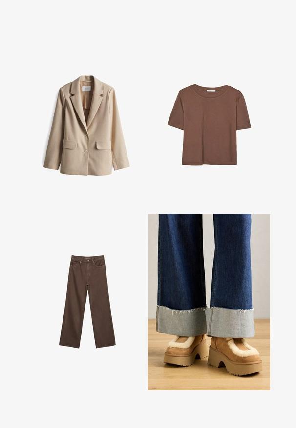 Blazer beige con colletto strutturato, due tasche frontali e due bottoni. Tessuto liscio e design su misura per un aspetto aderente.; Maglietta a maniche corte marrone realizzata in tessuto morbido, con scollatura rotonda e vestibilità rilassata. Nessun motivo o dettaglio visibile.; Jeans a gamba larga marroni in denim, con vita alta, tasche anteriori e chiusura a bottone classica. Tessuto liscio con cuciture sottili.; Stivali platform in suede marrone con interno in pelliccia crema, abbinati a pantaloni in denim a gamba larga caratterizzati da orli sfrangiati e un risvolto in denim più chiaro.