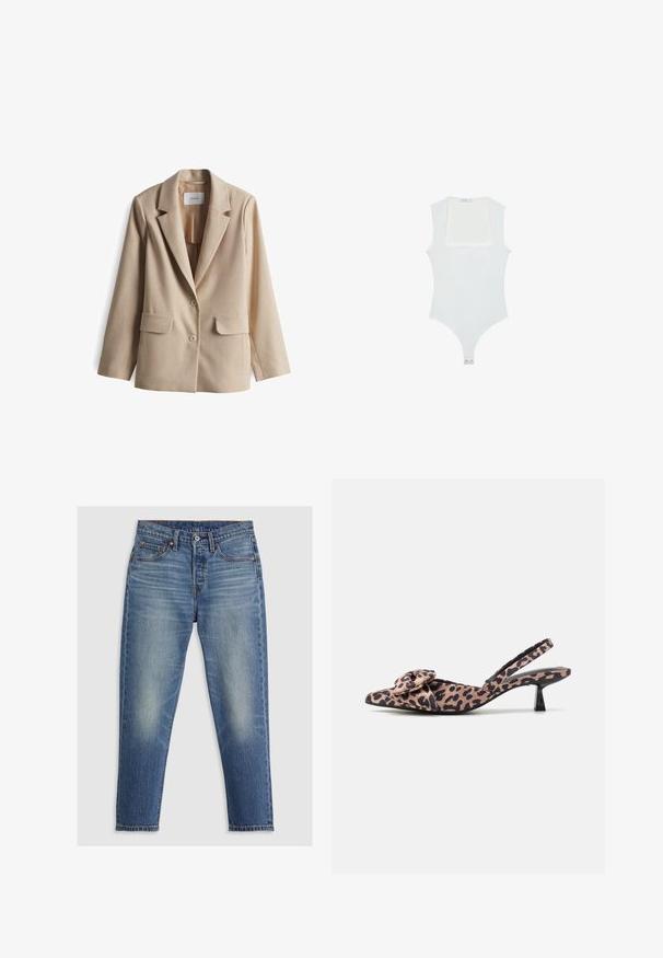 Blazer beige avec un col structuré, deux poches avant et deux boutons. Texture lisse et design ajusté pour une apparence cintrée.; Un body blanc avec un encolure carrée, sans manches, texture lisse et fermeture à pression au bas. Style simple et minimaliste.; Jeans en denim bleu clair avec une coupe droite, cinq poches, braguette à boutons et décoloration subtile sur les cuisses. Couture contrastée visible.; Talons slingback à bout pointu en tissu imprimé léopard avec un accent nœud, dotés d'un petit talon noir et d'une texture lisse.
