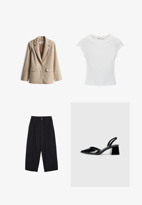 Blazer beige con colletto strutturato, due tasche frontali e due bottoni. Tessuto liscio e design su misura per un aspetto aderente.; Maglietta bianca in cotone con maniche corte arrotolate, scollo tondo e orlo dritto. Texture liscia senza motivi o accenti visibili.; Pantaloni culotte neri in poliestere con una cintura elastica, due pieghe frontali e una silhouette ampia. Nessun motivo visibile o dettagli in metallo.; Décolleté in vernice nera con punta affusolata e tacco in geometria cubica. Presentano un design elegante e minimalista, con una texture liscia.