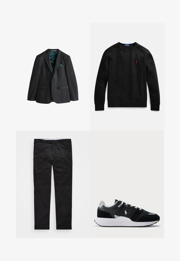 Blazer nero in tessuto liscio, con rever a punta, due tasche frontali, una tasca sul petto con fazzoletto da taschino turchese e fodera turchese.; Felpa nera con girocollo in cotone, con un piccolo logo rosso sul petto a sinistra e polsini e orlo a coste.; Chino neri con vestibilità a gamba dritta, realizzati in tessuto misto cotone, con zip frontale, passanti per cintura e tasche laterali. Texture liscia.; Sneaker basso in bianco e nero con tomaia in rete e suede, lacci bianchi, suola bianca e logo di un giocatore di polo di lato.