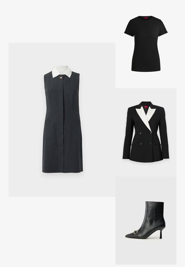 Sort blazer med dobbeltknapning i front, hvid sjalslape, to forlommer og sorte knapper. Lavet af struktureret stof.; Sort bomulds T-shirt med korte opklappede ærmer, rund halsudskæring og et rødt mærke. Glat tekstur, tætsiddende form med minimal detaljer.; Grå stribede ærmeløs kjole med hvid krave, der har en lukning foran og to sidelommer, lavet af et glat stof.; Sort læder ankelstøvle med spidse tæer, slank hæl i mellemhøjde og sølvspænde detaljer på siden mod en ensfarvet baggrund.