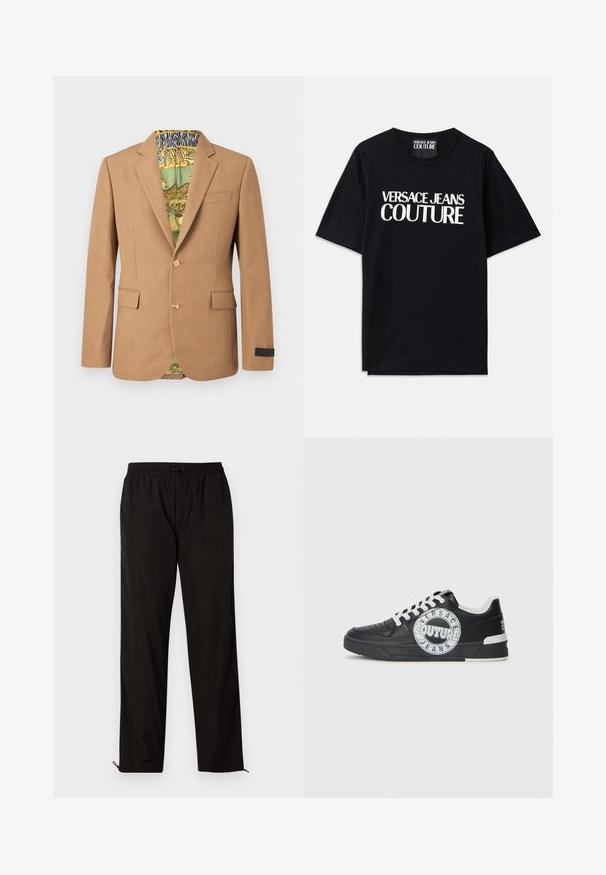 Bruine maatpak blazer met twee voorzakken en gouden knopen. Gevoerd met een groene en gestileerde binnenvoering met dierenmotieven.; Zwarte katoenen t-shirt met korte mouwen, voorzien van grote witte tekst "VERSACE JEANS COUTURE" op de voorkant. Klassiek ontwerp met ronde hals.; Zwarte lichtgewicht broeken met een elastische tailleband, treksluiting en met rits afsluitbare zoom voor een aanpasbare pasvorm. Glad, strak textuur.; Zwarte leren sneakers met witte accenten, ronde logodetailing, geperforeerde neus en contrasterende zool. Voorzien van witte veters en merknaam.