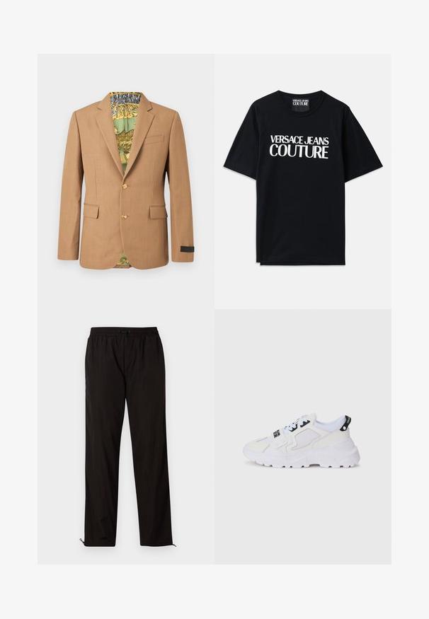 Hnědý sáčko na míru s dvěma předními kapsami a zlatými knoflíky. Podšito zelenou podšívkou se vzory a zvířecími motivy.; Černé bavlněné tričko s krátkými rukávy s velkým bílým textem "VERSACE JEANS COUTURE" na přední straně. Klasický design s kulatým výstřihem.; Černé lehké kalhoty s elastickým pasem, stahovací šňůrkou a zipovými nohavicemi pro nastavitelný střih. Hladká, elegantní textura.; Bílé atletické tenisky s síťovaným svrškem, silnou podrážkou a černými akcenty s potištěným logem. Strukturální a texturovaný design.