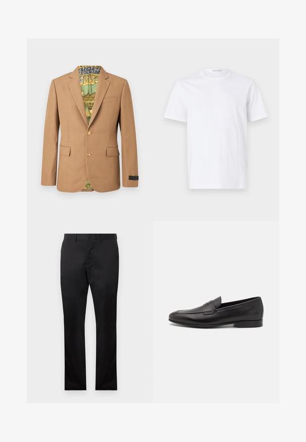Ruskea räätälöity bleiseri, jossa on kaksi etutaskua ja kultaiset napit. Vuorattu vihreällä ja kuviollisella sisätilalla, joka esittelee eläinaiheita.; Valkoinen puuvillapaita, jossa on pyöreä kaula-aukko ja lyhyet hihat. Sileä pinta, suora leikkaus ja minimalistikotyyli ilman kuvioita tai korostuksia.; Mustat puuvillahousut suoran lahkeen muotoilulla, jossa on etunapit, sivutaskut, sileä pinta ja ei näkyviä kuvioita.; Musta nahkainen miesten loaferi, jossa on matala korko ja klassinen penny-nauha, esitelty sivuprofiilissa valkoista taustaa vasten.