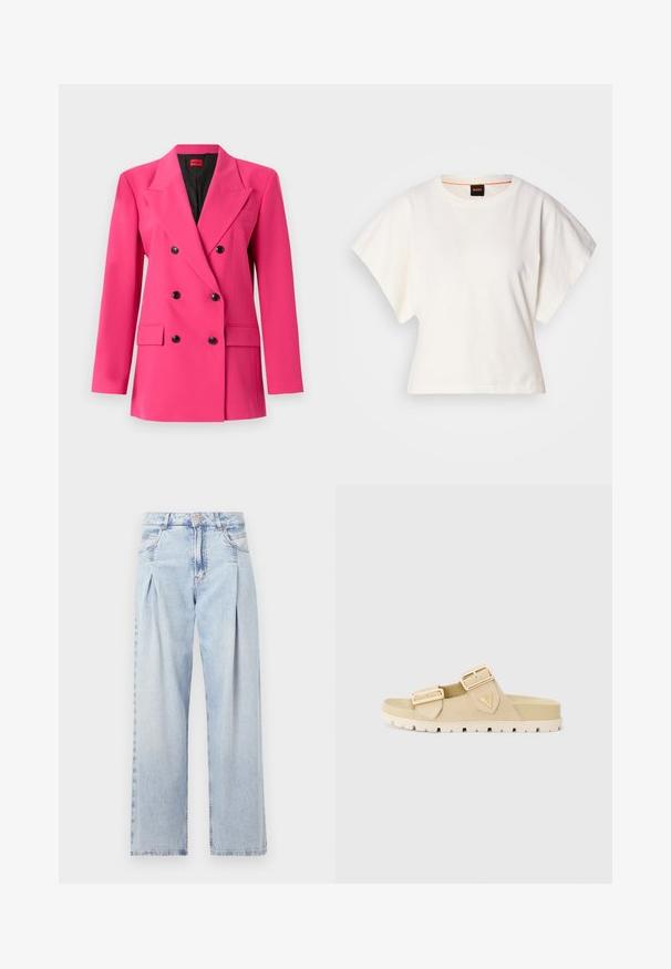 Blazer rosa doppiopetto realizzato in tessuto testurizzato. Presenta bottoni neri, rever a taglio e due tasche frontali. L'interno è di colore nero.; T-shirt bianca cropped, maniche corte e larghe, tessuto di cotone morbido, scollatura rotonda con bordino arancione sottile, design minimale, senza motivi o grafiche.; Jeans in denim azzurro chiaro con vita alta, taglio a gamba larga, due tasche laterali e design plissettato. Texture morbida con una finitura sbiadita.; Infradito beige con due fibbie regolabili dorate, tomaia in suede morbido, suola texturizzata e altezza moderata della piattaforma per il comfort.