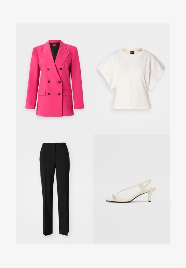 Double-breasted pink blazer made of textured fabric. Features black buttons, notched lapels, and two front pockets. Interior is black.; White cropped T-shirt, short wide sleeves, soft cotton material, round neckline with subtle orange trim, minimal design, no patterns or graphics.; Black tailored trousers with a straight-leg design, featuring a smooth texture and crisp creases along the front. No visible hardware.; Beige block-heeled sandals with thin straps and a square toe. Smooth material with minimal detailing, designed for easy wear.