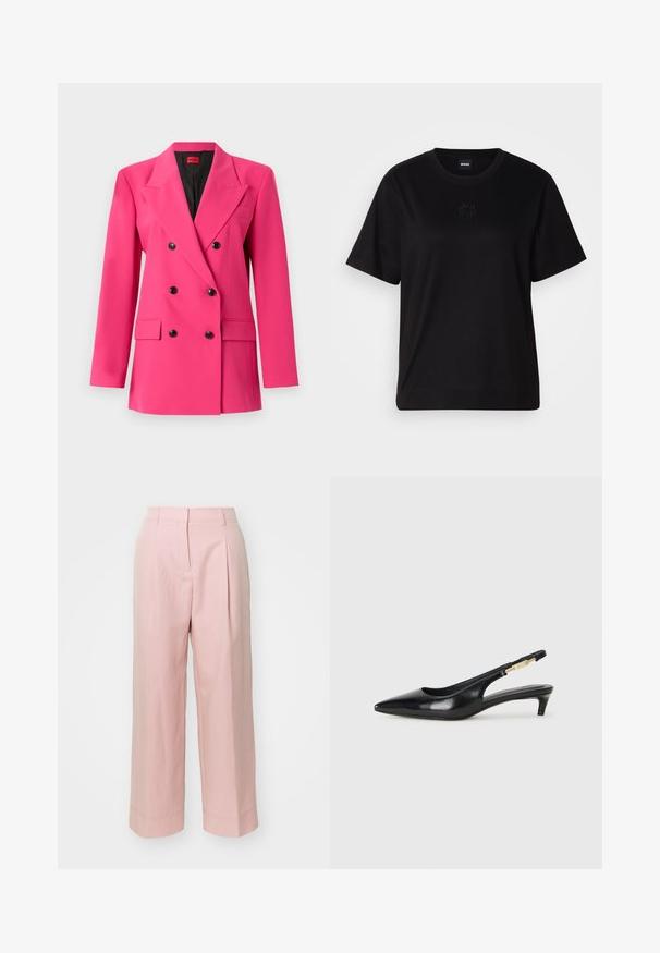 Dobbeltspent rosa blazer laget av teksturert stoff. Har svarte knapper, skrårevner, og to frontlommer. Innvendig er svart.; Svart bomull T-skjorte med rund hals, korte ermer og et brodert logo på brystet. Enkel, avslappet passform uten mønstre.; Lys rosa vide bukser med høy midje, frontfolder og sydd hem detaljer. Laget av glatt, lett stoff.; Sorte lærreim hæler med spiss tå, som har en slank hæl og en gullfarget detalj på den justerbare stroppen. Glatt tekstur.