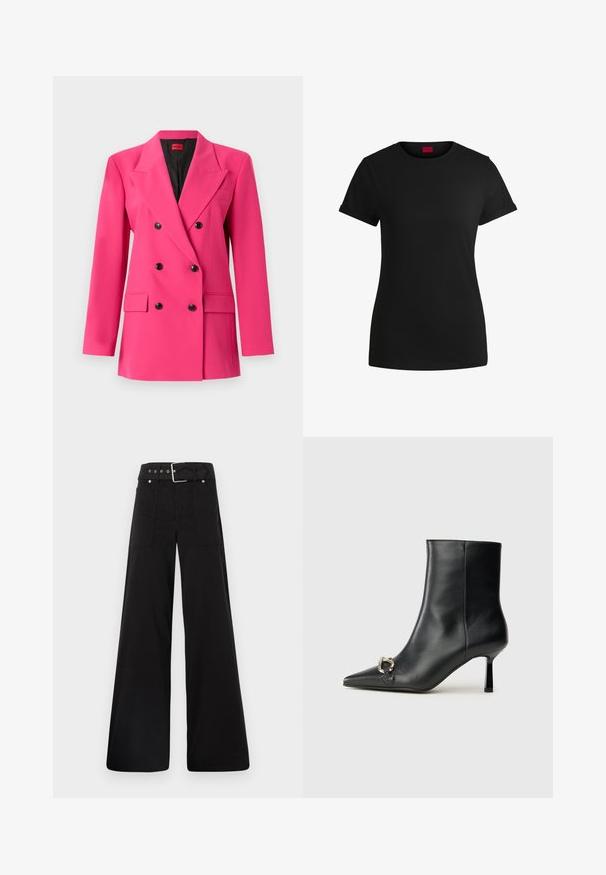 Doppelgált rózsaszín blézer, texturált anyagból készült. Fekete gombokkal, kiemelt hajtókával és két elülső zsebbel rendelkezik. A belső része fekete.; Fekete pamut póló rövid felgöngyölt mangaszalaggal, kerek nyakkivágással és piros címkével. Sima textúra, megformált szabás minimális részletezéssel.; Fekete, bő szárú nadrág, pamutból készült, magas derékkal, nagy oldalsó zsebekkel és ezüst színű hardverelemekkel ellátott övvel.; Fekete bőr bokacsizma hegyes orral, vékony közép magasságú sarokkal és ezüst csattal az oldalon, sima háttér előtt.