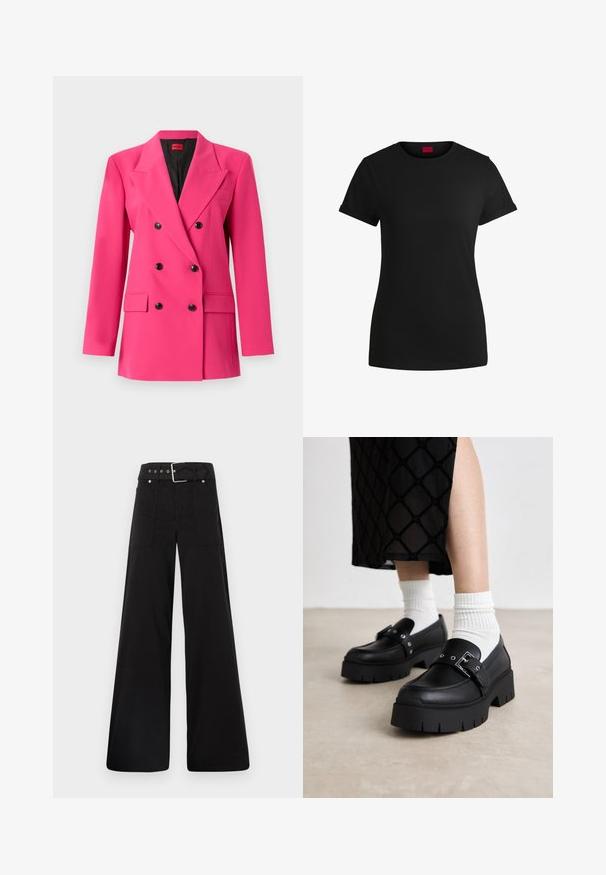 Divu rindkopu rozā žakete, izgatavota no teksturēta auduma. Iezīmē melnas pogas, iegrieztas apkakles un divas priekšējās kabatas. Iekšpuse ir melna.; Melnas kokvilnas t-krekls ar īsām rullējošām piedurknēm, apaļu kakla izgriezumu un sarkanu etiķeti. Gluda tekstūra, pieguļošs siluets ar minimālu dizainu.; Melna platā kāju bikses, izgatavotas no kokvilnas, ar augstu jostasvietu, lieliem sānu kabatām un jostu ar sudraba detaļām.; Melnas platformas loafer kurpes ar gludu ādas apdari, ar sprādzes detaļu un uzliktu akcentiem, pārī ar baltām ribotām zeķēm.