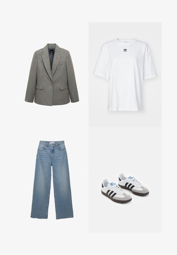 Sivkasti suknjič iz tvid z znakom zareza, enojnim gumbom, sprednjima žepoma in gladkim podlogom. Ima subtilen črtast vzorec.; Bela kratka majica s kratkimi rokavi iz bombaža. Ima krožni ovratnik in majhen črn Adidasov logotip na prsih. Ravna podoba.; Svetlo modri široki jeans iz denima. Ima visok pas, pet žepov in ravno kroj z minimalnim bledenjem.; Športni čevlji z belim usnjenim zgornjim delom, sivim semišem na prstih in tremi črnimi črtami. Imajo modro logo na jeziku in teksturiran gumijast podplat.