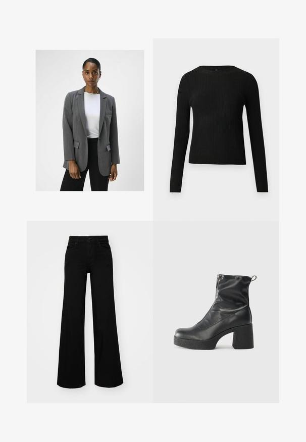 Pelēka pielāgota žakete ar izgrieztām lāpām, ar vienu pogu un divām priekšējām kabatām. Apvienota ar baltu augšu un melnām biksēm.; Melna, ribota, garām piedurknēm pieguļoša džemperis ar apaļu kakla izgriezumu, izlikta pret vienkāršu gaišu fonu.; Melni plaša kāju bikses, izgatavotas no džinsa, ar strukturētu jostu, jostu cilpiņām un priekšējām kabatām. Gluda tekstūra ar klasisku dizainu.; Melni potītes zābaki, kas izgatavoti no gludas ādas, ar sānu rāvējslēdzēju, masīvu strukturētu papēdi un noapaļotu purngalu.