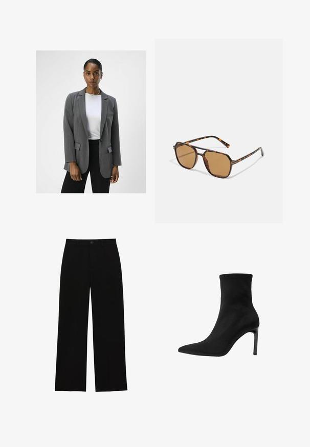 Blazer grigio su misura con rever a notched, chiusura a un bottone e due tasche frontali. Abbinato a una maglietta bianca e pantaloni neri.; Due maglie a manica lunga con collo alto, una bianca e una nera, realizzate in un tessuto morbido e elasticizzato, entrambe con un design aderente e colli alti.; Pantaloni neri a vita alta, a gamba larga, realizzati in un tessuto morbido, con davanti piatto, chiusura con bottone e senza tasche visibili.; Stivale alla caviglia nero in suede liscio, con punta appuntita e alto tacco a stiletto. Design elegante e minimalista senza decorazioni.; Occhiali da sole marroni con montatura in tartaruga, lenti rettangolari e aste sottili con motivo arancione.; Borsa in suede marrone con una chiusura quadrata dorata, manico superiore e tracolla a catena. Presenta una forma rettangolare e angoli arrotondati.