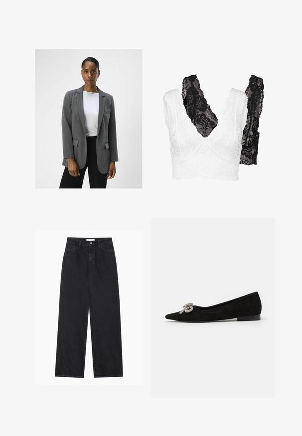 Sivi sako krojen sa urezanim reverima, zatvaranjem na jedan dugme i dva prednja džepa. Uparen s bijelom majicom i crnim hlačama.; Set od čipkastog braleta s bijelim cvjetnim uzorkom i crnim dijelom. Oboje ima v-izrez i široke, detaljno ukrašene naramenice.; Crne traperice širokog kroja s visokim strukom, s prednjim dugmetom i patentnim zatvaračem, petljama za pojas i pet džepova.; Crna semiš balerinka s oštrim nosom, ukrašena dekorativnom srebrnom mašnom sprijeda, s niskom petom.