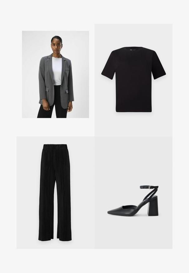 Gray tailored blazer with notch lapels, single button closure, and two front pockets. Paired with a white top and black trousers.; Black short-sleeve t-shirt with a round neckline, crafted from soft cotton fabric. Simple design, no visible logos or patterns.; Black pleated trousers with an elastic waistband. Features wide legs and a smooth, textured fabric with vertical stripes.; Black leather pointy-toe pump with an ankle strap and a chunky heel. Flat texture, sleek design, and minimalistic aesthetics.