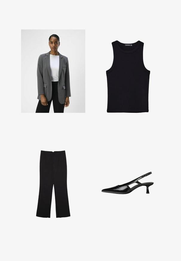 Grijze op maat gemaakte blazer met notch revers, enkele knoopsluiting en twee voorkruiszakken. Gecombineerd met een witte top en zwarte broek.; Zwarte tanktop gemaakt van katoen, met een ronde halslijn en brede armopeningen. Gladde textuur met gestikte zomen. Klassiek, minimalistisch ontwerp.; Zwarte broek met een rechte pasvorm, voorzien van zijzakken en plooien aan de onderzijde. Gemaakt van zachte, gladde stof. Geschikt voor verschillende gelegenheden.; Zwarte gepatineerde leren slingback hakken met een puntige neus, uitsparing aan de zijkant en een kleine vierkante hak. Gladde textuur met minimale accenten.