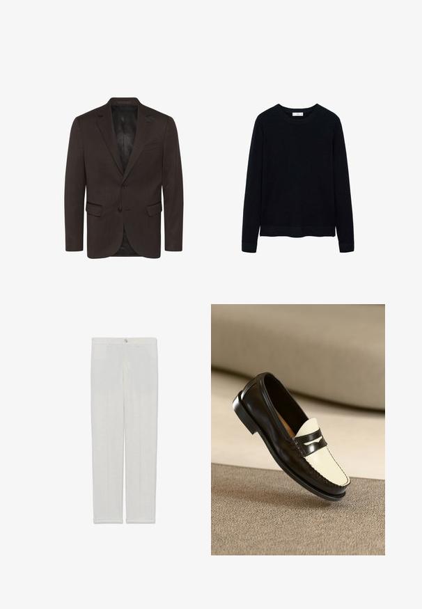 Matinique GEORGE - Sacou de costum - espresso; Pulover negru, cu mânecă lungă, cu un guler rotund și o textură subtilă. Manșetele și tivul închise contribuie la designul său structurat.; Pantaloni bej deschis din in, cu croială dreaptă, prevăzuți cu închidere cu nasture, bucle pentru curea și tivuri răsucite la margine, textură netedă.; Mocasini din piele neagră cu un vamp de culoare crem și dungi negre de accent, având un toc jos și cusături detaliate de-a lungul marginilor.