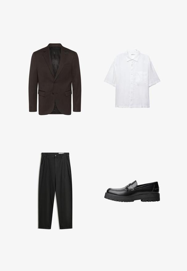 Matinique GEORGE - Öltönyzakó - espresso; Fehér, rövid ujjú ing gombos elülső résszel, gallérral és egyetlen mellzsebbel. Könnyű anyagból készült, sima textúrával.; Fekete pamut nadrág laza szabással, klasszikus derékrésszel, elülső hajtásokkal és oldalsó zsebekkel. Simább textúra minta nélkül.; Fekete bőr loaferek vastag, bordázott talppal és díszcsíkkal az upper rész felett, bal oldali profilmódban, fehér háttér előtt.