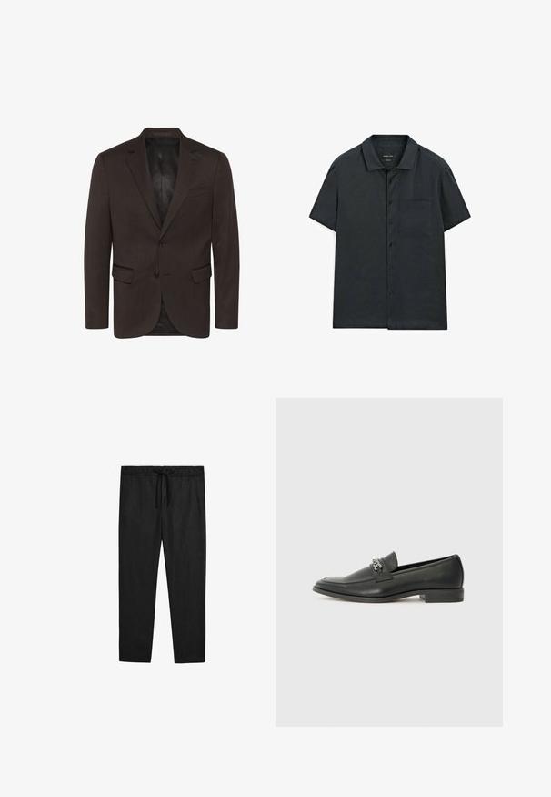 Matinique GEORGE - Anzugsakko - espresso; Kurzarm-Hemd aus dunkelgrauem Stoff, mit einem einfachen Kragen, einer Brusttasche und einer glatten Textur.; Massimo Dutti JOGGER FIT - Stoffhose - black; Schwarzer Lederloafer mit glatter Oberfläche, ausgestattet mit einer gesteppten Gestaltung und einem dekorativen Metallkettendetail über dem Vorderblatt. Flacher Absatz.