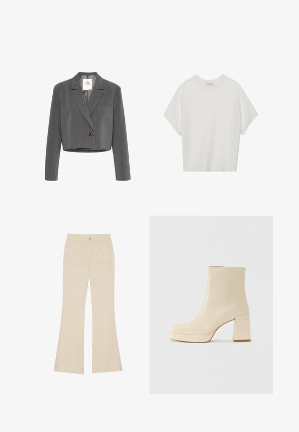 Karen by Simonsen Bleiser - grey melange; Valge lühikeste varrukatega T-särk laia ümaraha kaelusega ja tekstureeritud ribapatterniga, pehmest kangast, lõdva istuvuse ja puhta disainiga.; Kreemjad flared püksid kõrge vöökoht ega, valmistatud puuvillast. Omavad ees- ja tagap pockets, vöö loops ja ühte hõbedast nuppu.; Beige nahkaste kõrged saapad plokknõelaga ja platvormpõhjaga, siledat viimistlust ja kergelt ruudukujulist varvatoe, vasakul valgel taustal.